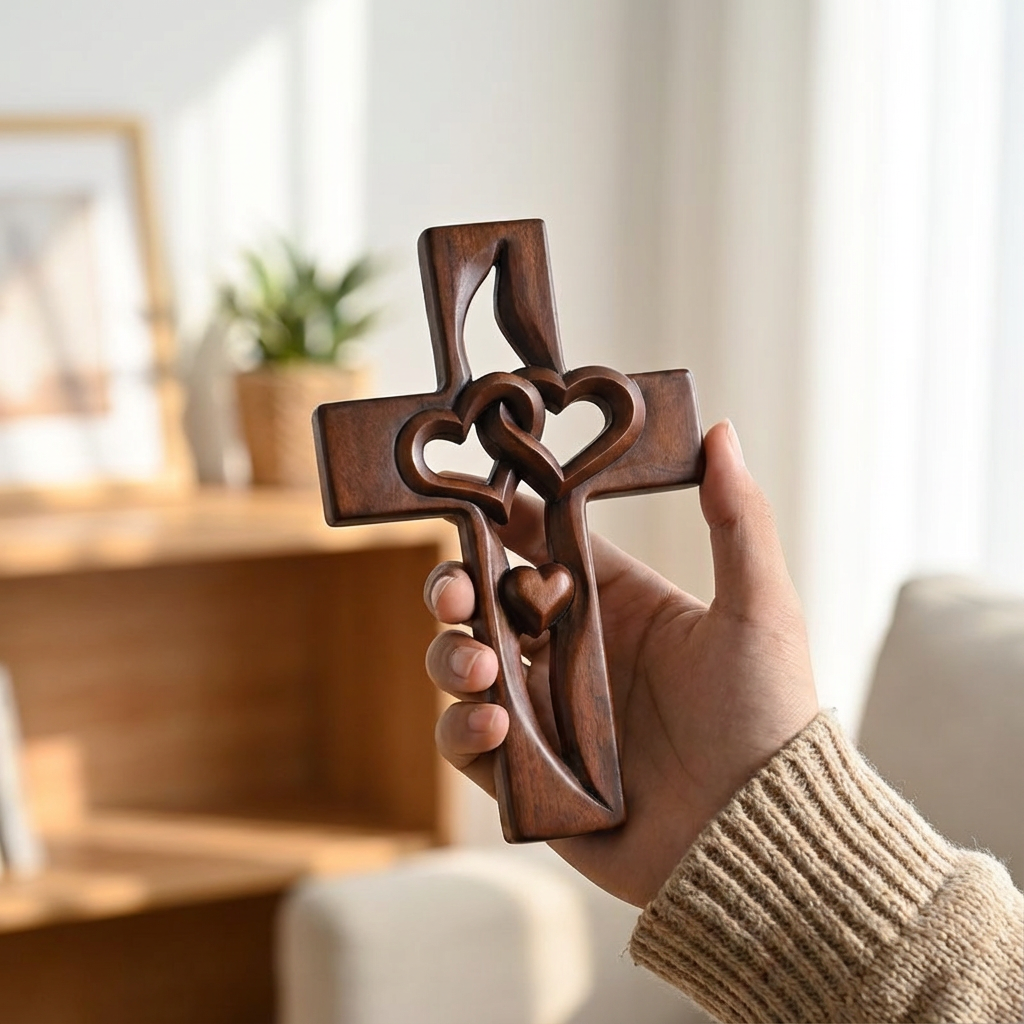 Houten Wandkruis met Gevlochten Harten — Decoratieve Wandversiering voor Geloofsmomenten | Sansoti