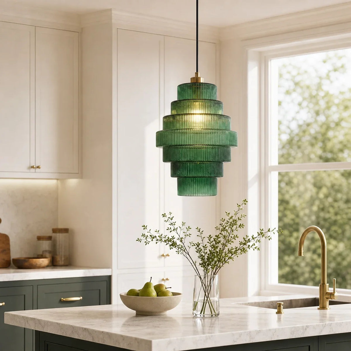 Ribbed Glass Pendant Light Layered Bottle Design E27 22cm Dining Area Ceiling Light Vintage Style Living Room | Sansoti