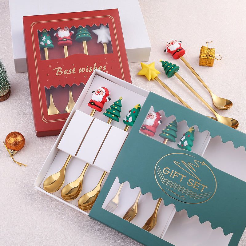 Set de couverts festifs de Noël, cuillère et fourchette en acier inoxydable, or et argent, vaisselle décorative pour table de réveillon | Sansoti