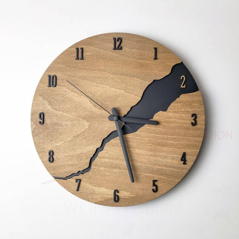 Holz-Wanduhr 30x30 cm mit Ziffernanzeige oder Linienaufteilung natürliches Design Wohnzimmer Küche Büro Skandinavischer Stil Minimalistische Uhr | Sansoti