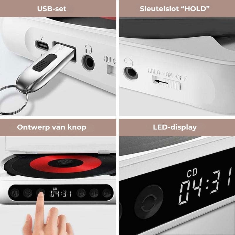 Tragbarer CD-Player mit Bluetooth 5.3, wiederaufladbarem 2000mAh Akku, Typ C USB, MP3, CD-R, CD-RW Unterstützung, kompaktes Design mit 3.5mm Anschluss | Restfield
