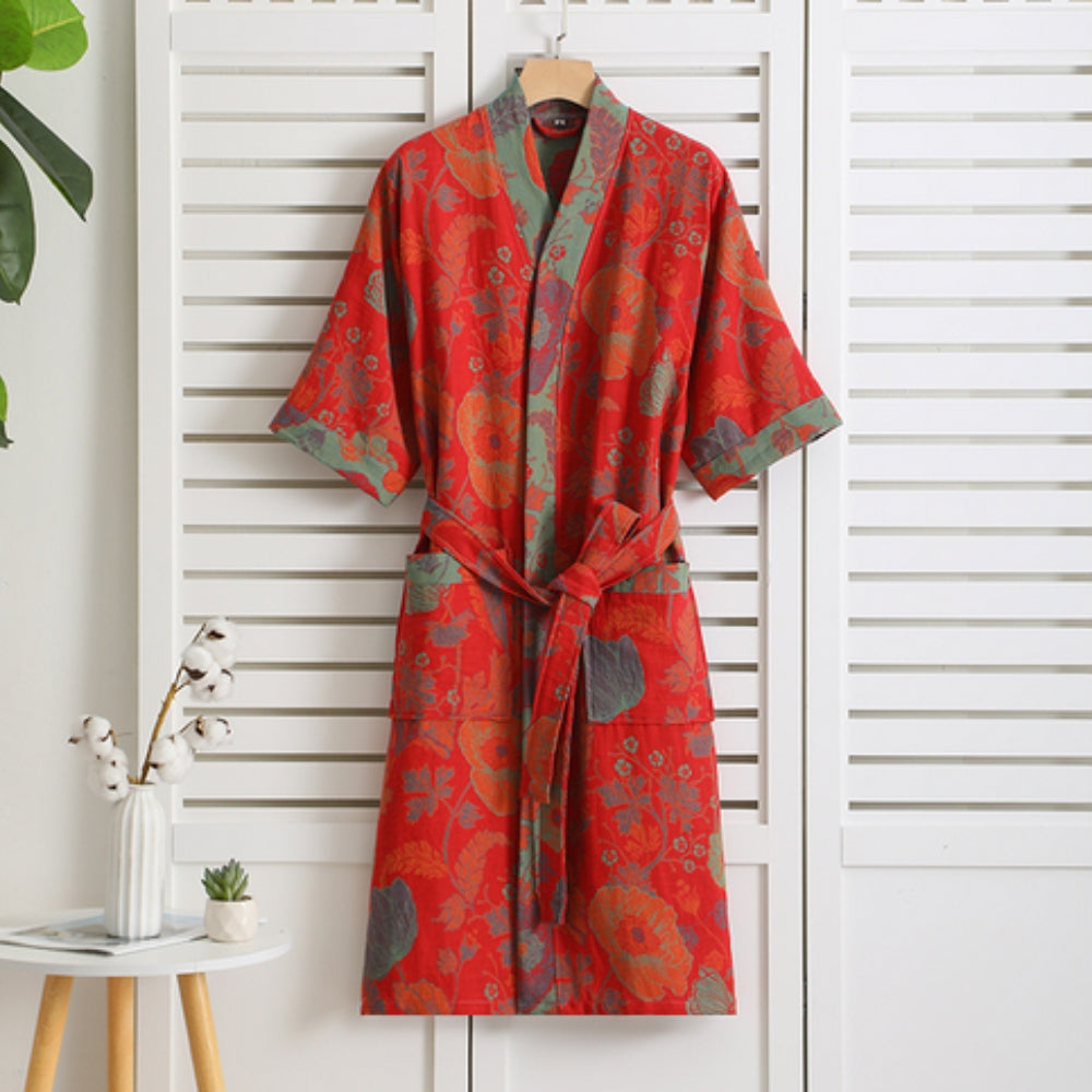 Cotton Robe, Double Gauze, Vintage Print, Loungewear, Terry Cloth Kimono, Spa, Home Comfort, Relaxation, Wellness | Sansoti