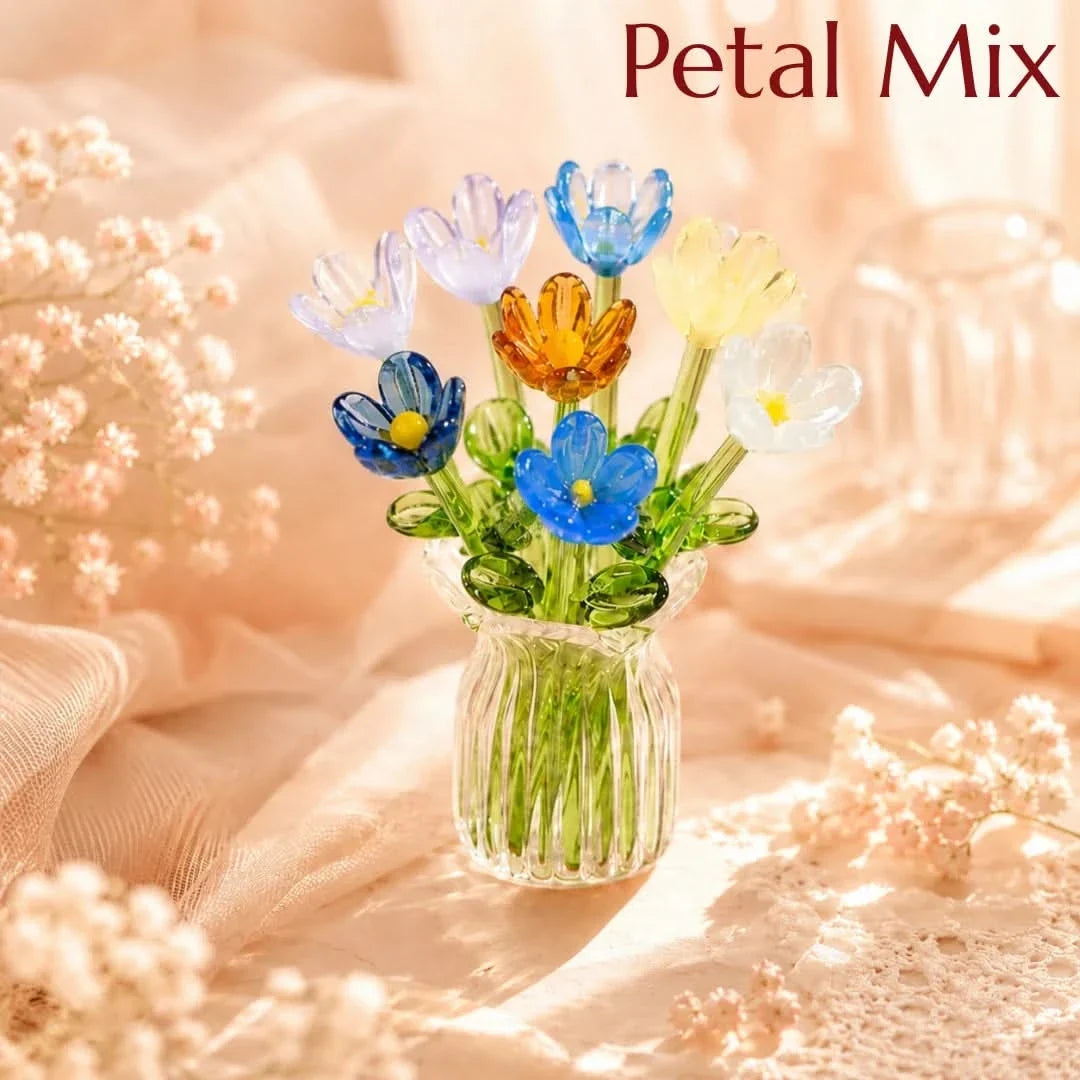 Glasblumenstrauß mit Miniaturvase, 7-teilig, handgefertigtes dekoratives Kunstglas, Wohnzimmer-, Tisch- und Raumdekoration | Sansoti