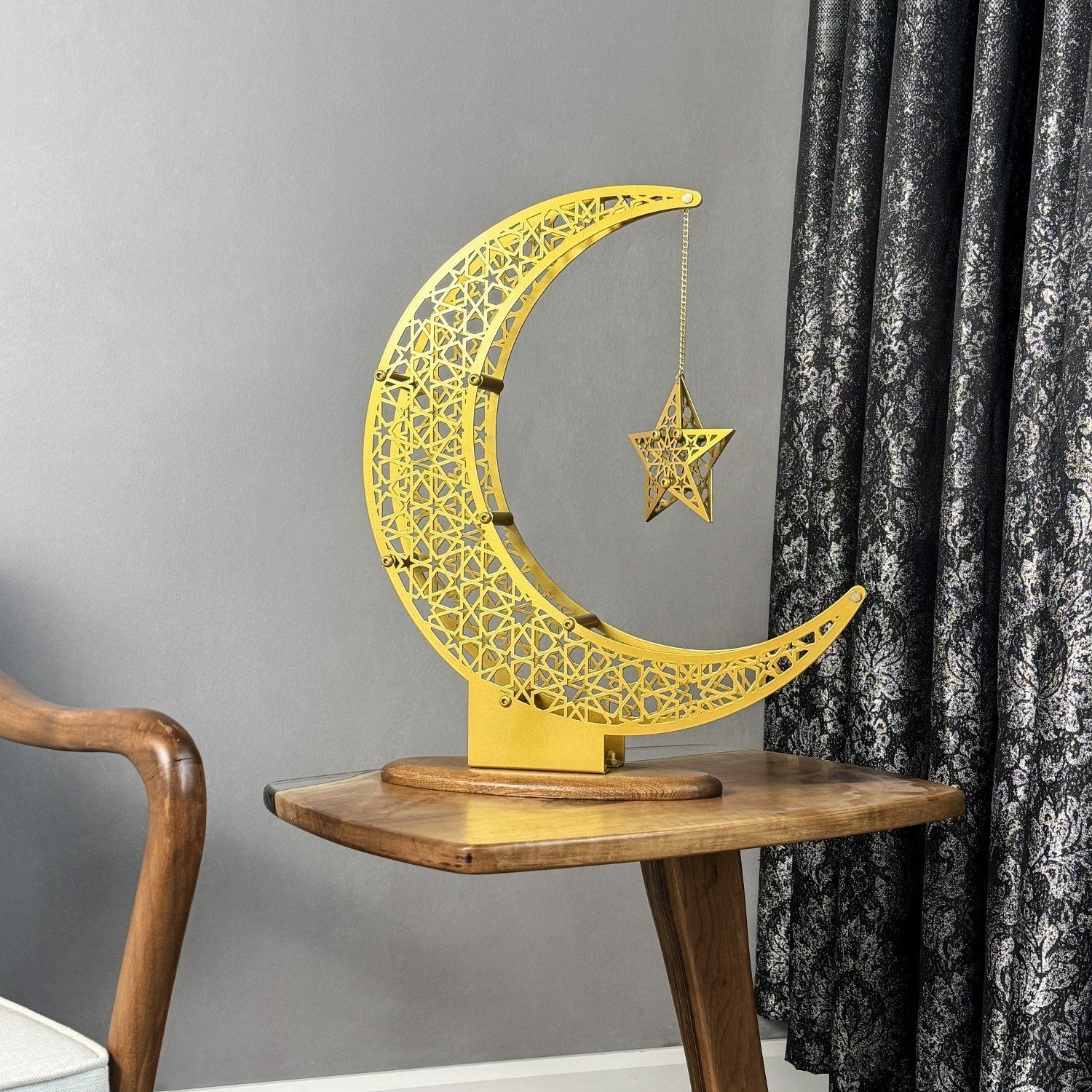 Islamitische Maan & Ster Wanddecoratie — Metalen Ramadan Ornament in Goud of Zwart | Sansoti