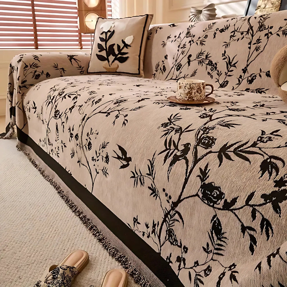 Premium Chenille Bankdeken met Bloemdessin en Kwastjes – Comfortabele Sofahoes voor Woonkamer en Lounge | Sansoti