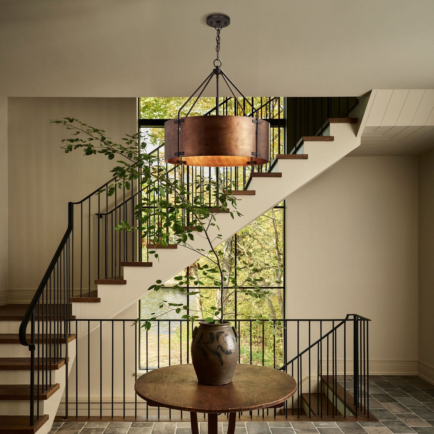 Industriële Hanglamp Trommel Roest Brons Metalen Kap 4 Lichtpunten Vintage Design Keukeneiland Eettafel Eetkamer | Sansoti