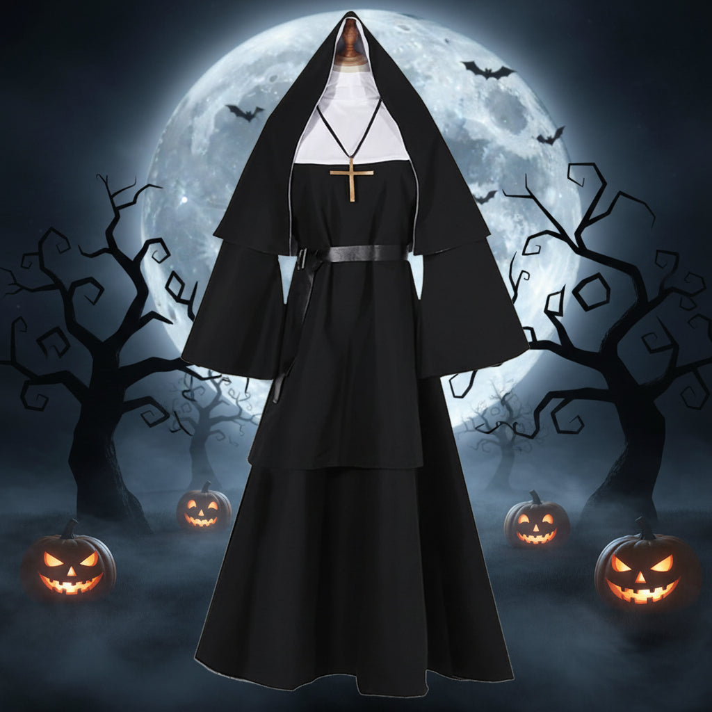 Black Nun Costume for Adults Halloween Dress-Up Outfit Theatrical Cosplay Clothing Carnival Party | Sansoti