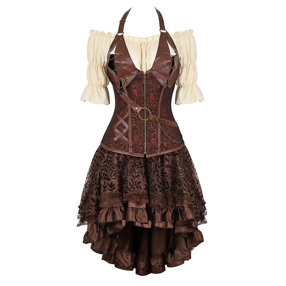 Pirate Corset Costume Set Faux Leather Off-Shoulder Blouse Layered Skirt Steampunk Gothic Halloween Costume | Sansoti