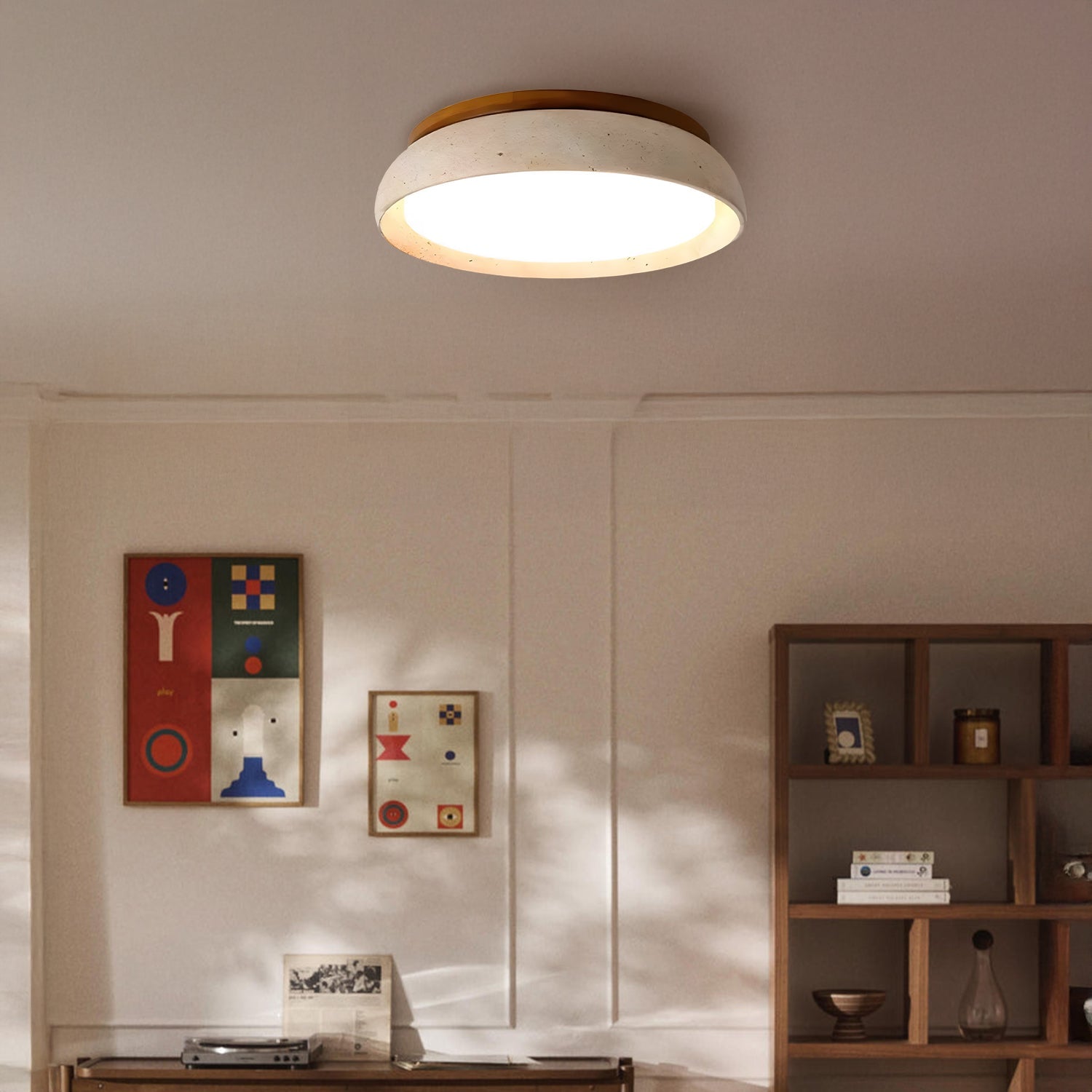 Scandinavische Plafondlamp Travertijn met Houtaccent — Moderne Ronde Opbouwspot Natuursteen en Acryl Inbouw LED Verlichting Warm Wit 3000K Slaapkamer Gang Entree Woonkamer — Ø 30 cm × H 7 cm | Sansoti