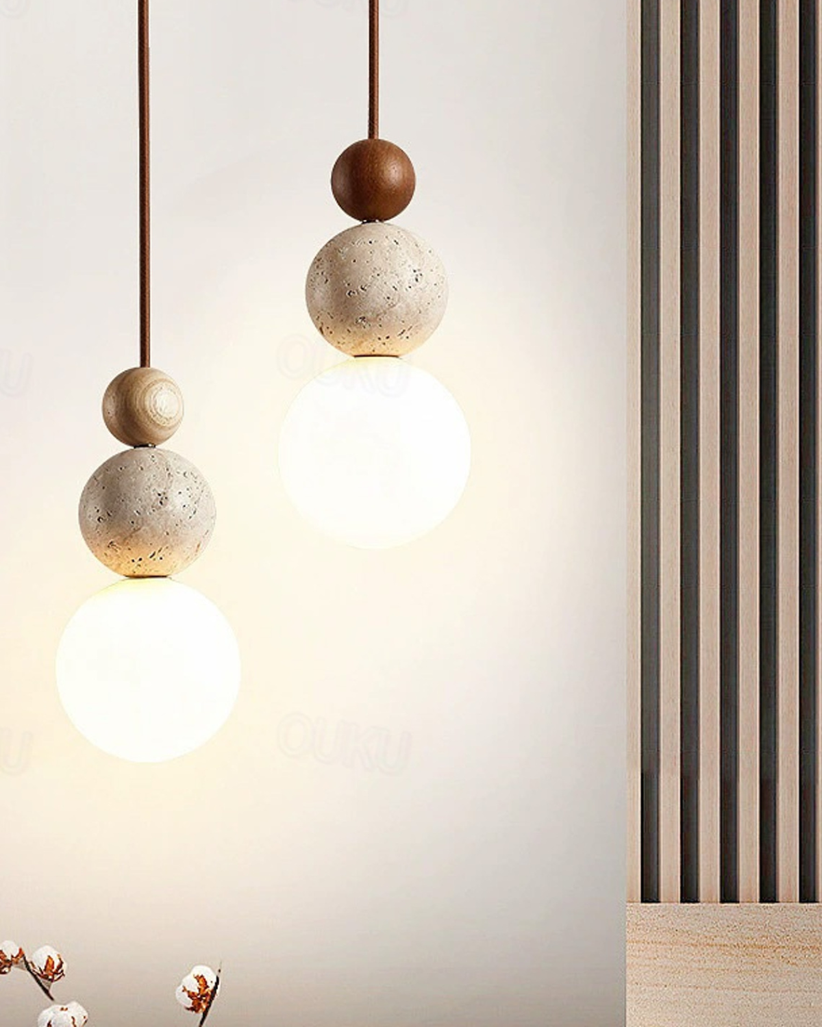 Sculptuur Hanglamp met Natuursteen en Glazen Bol – Warm Ambient Licht voor Eetkamer Woonkamer Slaapkamer – Japandi Design Hangverlichting | Sansoti