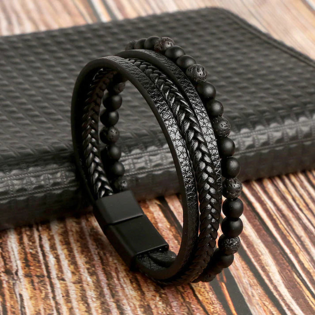 Gelaagde Leren Armband Heren Magnetische Sluiting Zinklegering Steendetails Polsband Moderne Accessoire | Sansoti