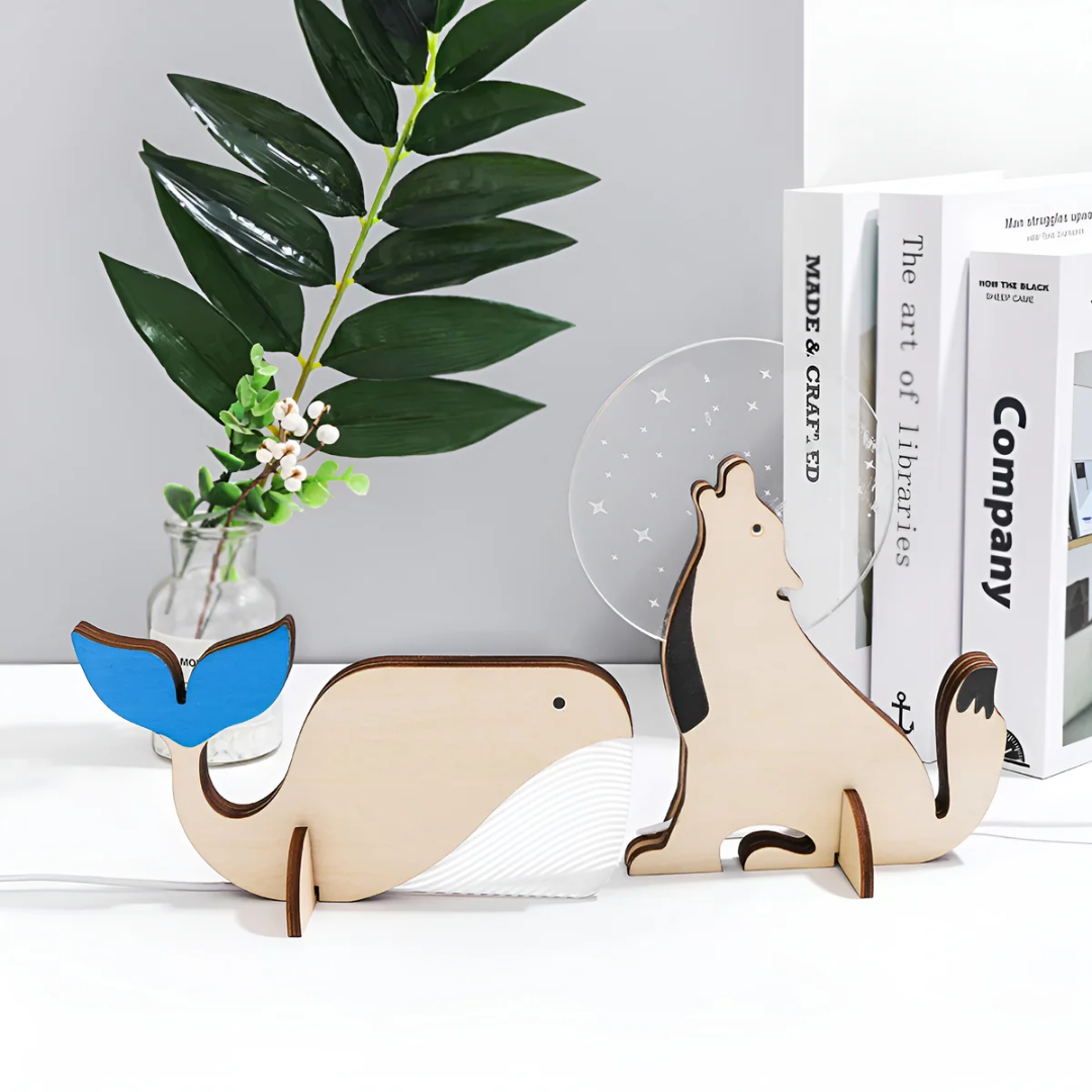 Houten Dierenlamp LED Tafellamp Warm Licht Nordic Design Sfeerlamp Toekan Pelikaan Walvis Kinderkamer Decoratie | Sansoti