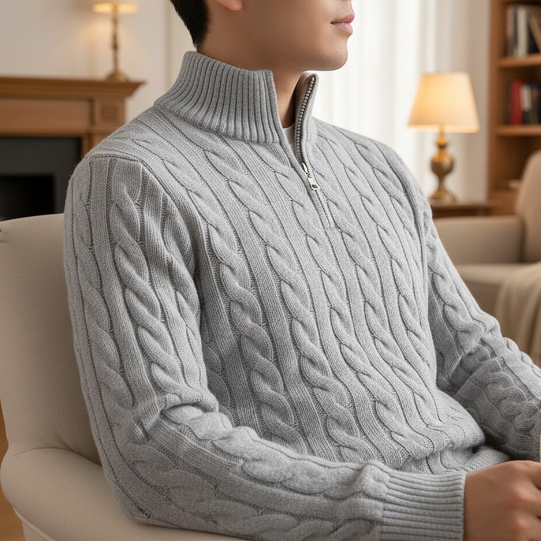 Gestrickter Herrenpullover mit Zopfmuster, Stehkragen und Reißverschluss, Baumwolle, warm, leger, Winter, Marineblau, Grau, Beige | Sansoti