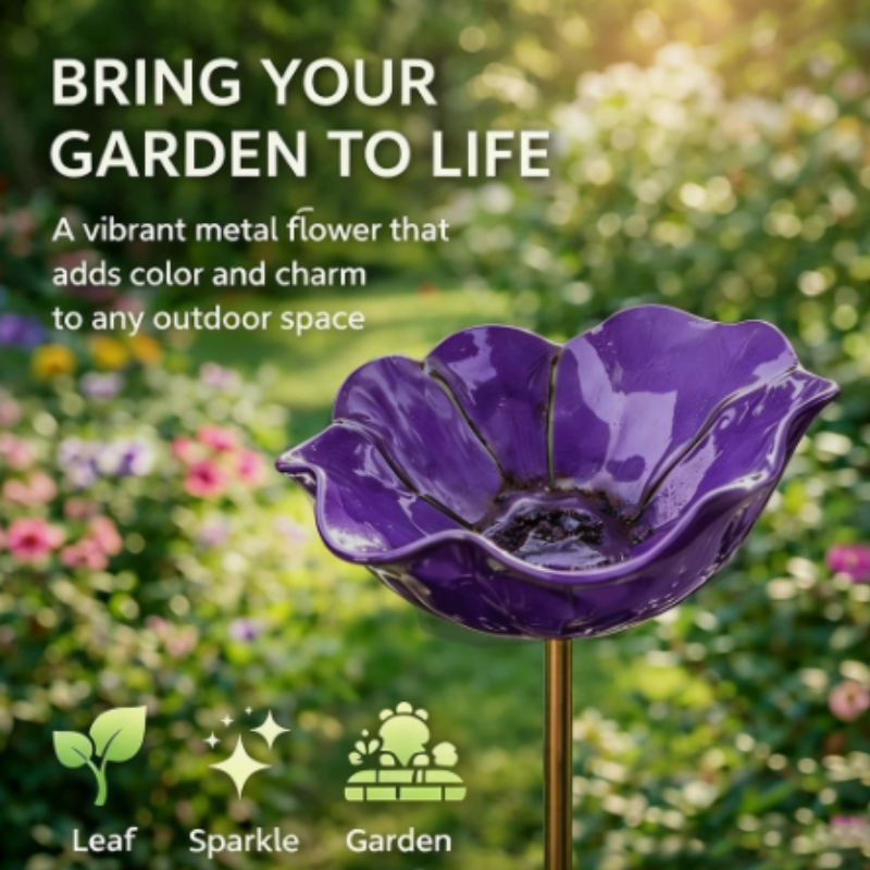 Metal Birdbath Garden Stake with Flower Design Drinking Bowl for Pollinators Weather-Resistant Garden Decoration | Sansoti