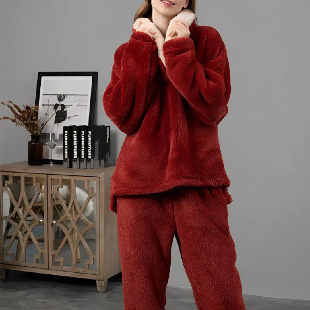Fleece-Pyjama für Damen, zweiteilig, Langarmshirt & Hose, warmes Schlafset, Hausanzug, Winterkomfort, weiche Nachtwäsche | Sansoti