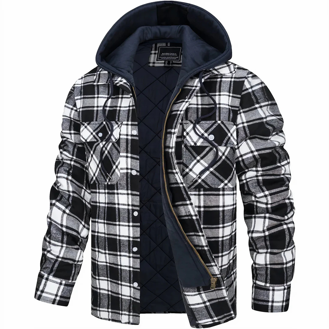 Gefüttertes Overshirt mit Karomuster und abnehmbarer Kapuze, lässige Outdoorjacke für Herren aus Baumwolle und Polyester, warm, komfortabel und stilvoll | Sansoti
