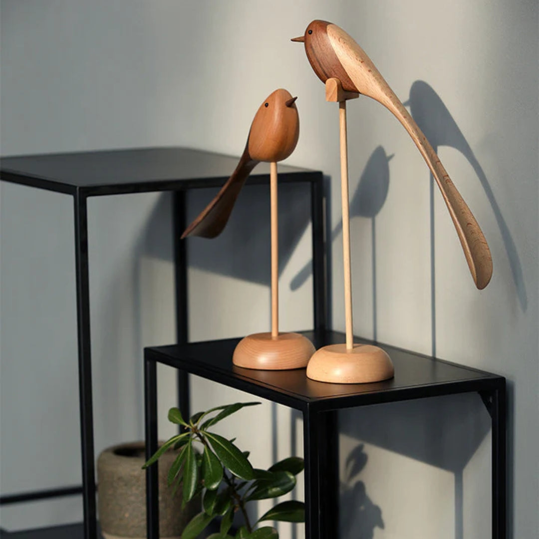 Holz-Vogelskulpturen, 2er-Set, skandinavisches Design, dekoratives Rot-Holz-Interieur-Objekt für das Wohnzimmer | Sansoti