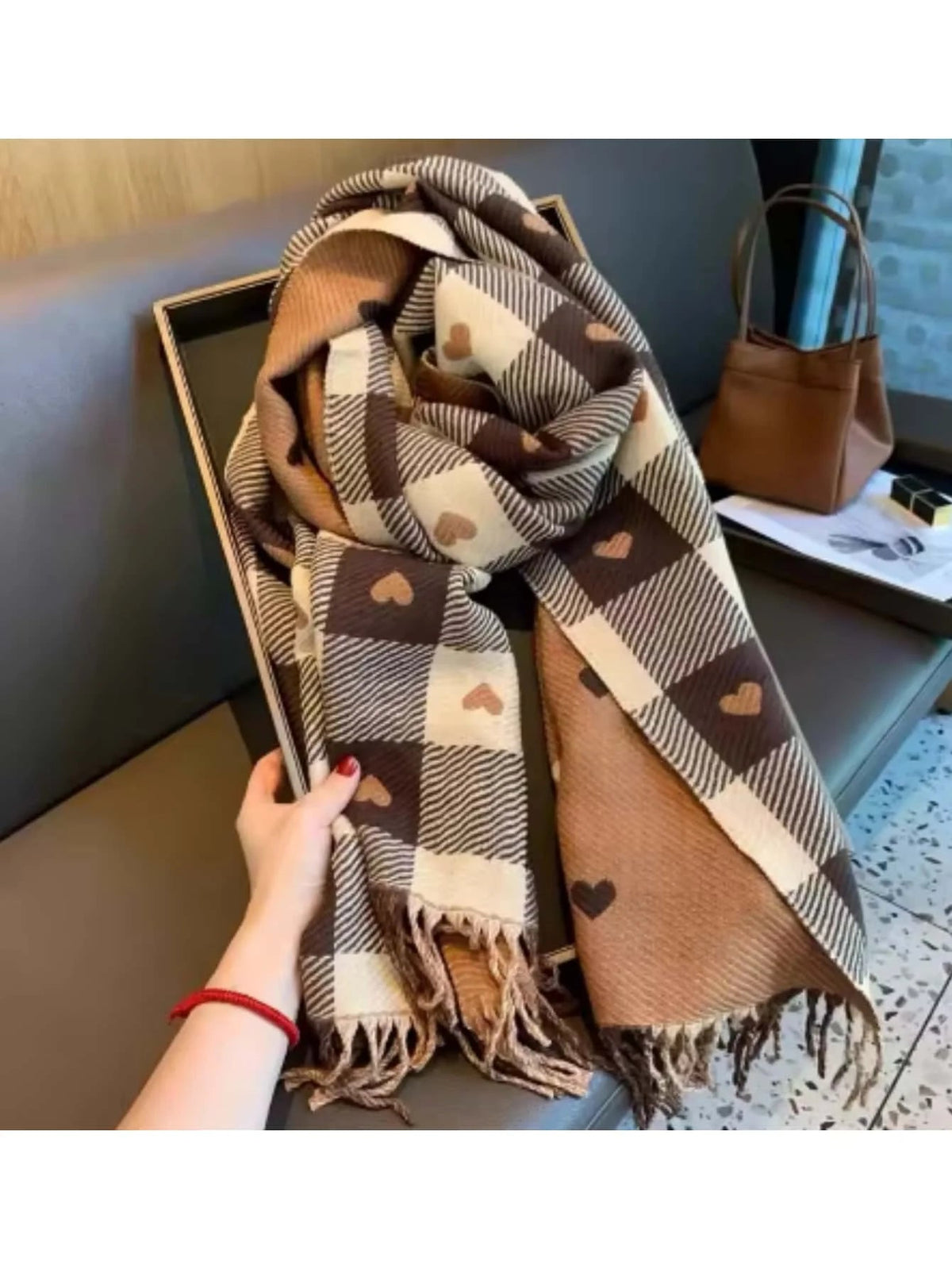 Knitted Winter Scarf with Heart Pattern 200x70cm Woolen Wrap Women's Autumn Winter Warm Accessory | Sansoti