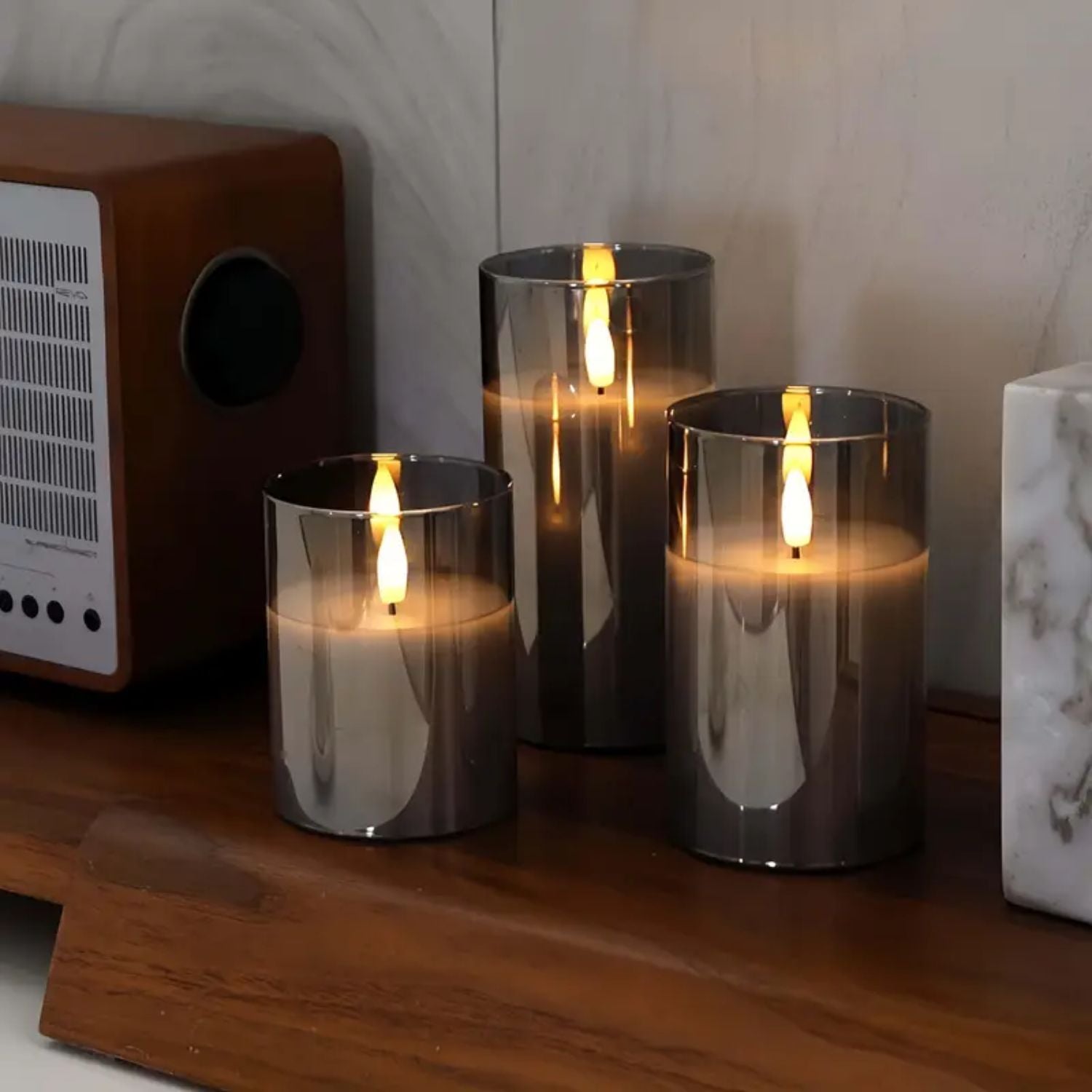 Bougies LED avec télécommande verre noir éclairage d’ambiance set minuterie intérieur moderne salon chambre décoration effet flamme réaliste | Restfield