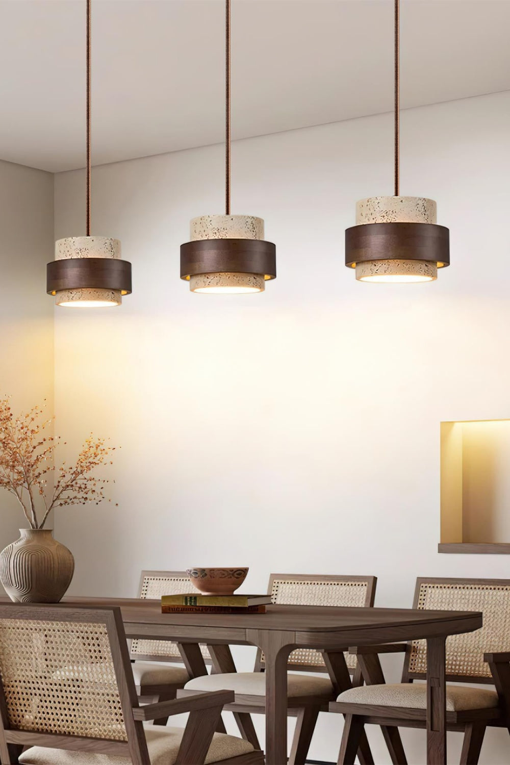 Houten Hanglamp met Travertijn Afwerking – Organische Lichtbron Eetkamer Woonkamer | Sansoti