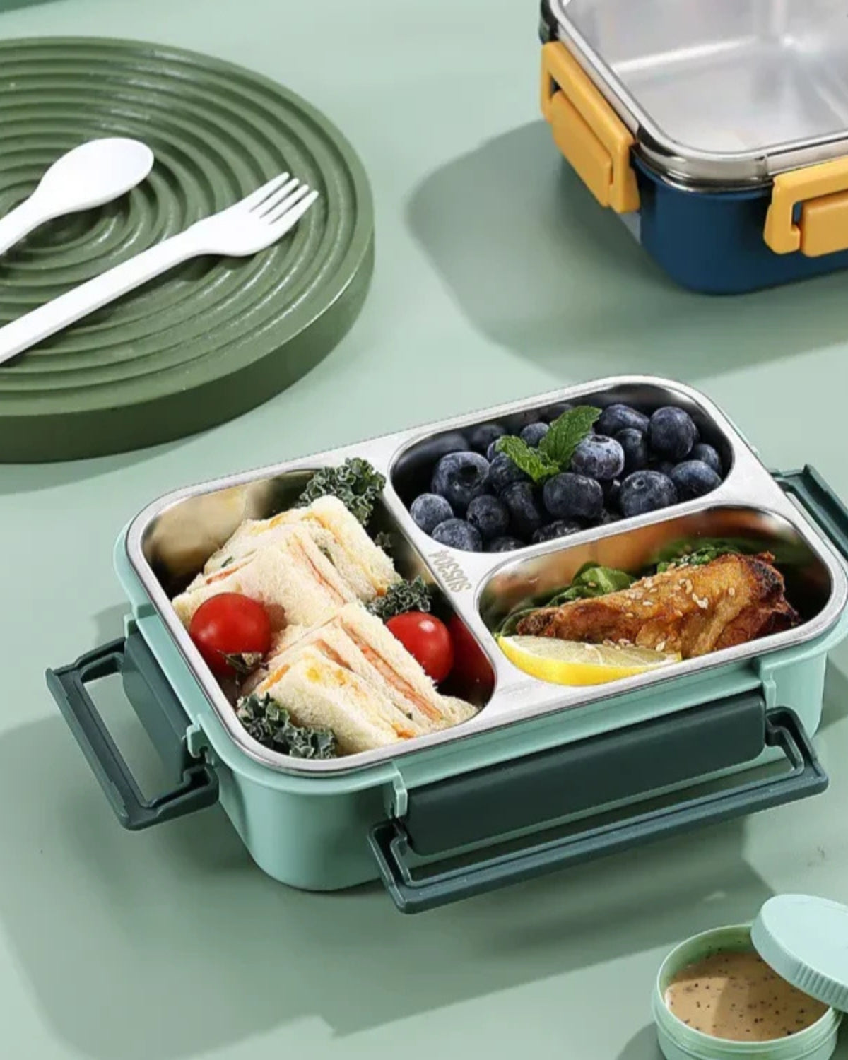 Geïsoleerde Lunchbox met Compartimenten - Warmhoudbakje voor Onderweg Groen Rood Blauw 2 of 3 Vakken - Premium Maaltijdcontainer Werk School Picknick | Sansoti