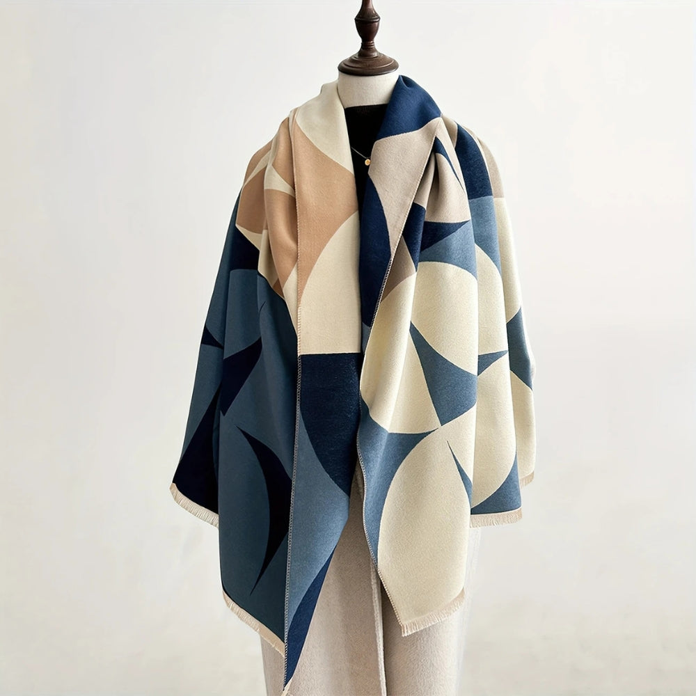 Omkeerbare Sjaal met Geometrisch Blokdesign Warm Zachte Microvezel Poncho voor Herfst en Winter | Sansoti