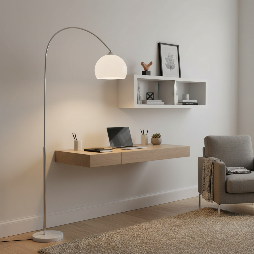 Arch-Shaped Floor Lamp Metal Marble 180cm Tall Warm Light Living Room Reading Corner E27 Dome Shade Scandinavian Design | Sansoti