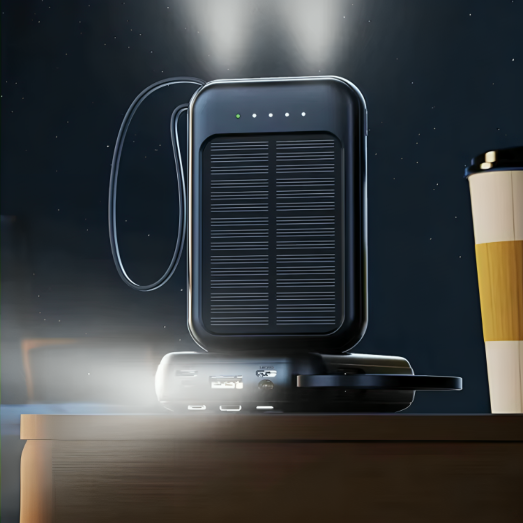 Oplaadbare Powerbank 20000mAh met Zonnepaneel, LED-Zaklamp en Ingebouwde Kabels – Draagbare Noodaccu met Dubbele USB- en Type-C-Aansluiting voor Smartphone en Tablet | Sansoti