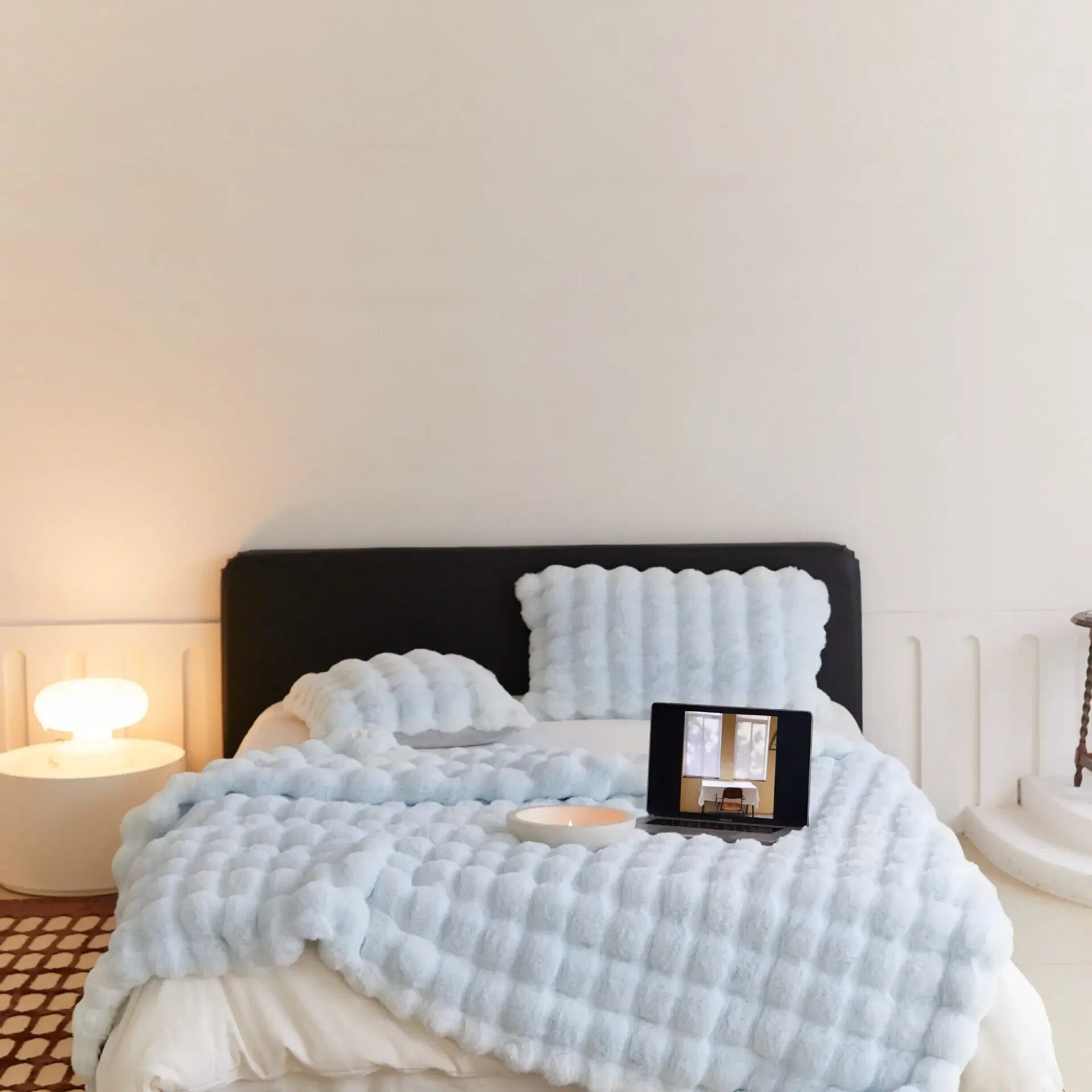 Pluche Plaid Lichtbruin Beige Wit Hemelsblauw 100-230 cm Zachte Woonplaid voor Bed Bank Slaapkamer Woonkamer | Sansoti
