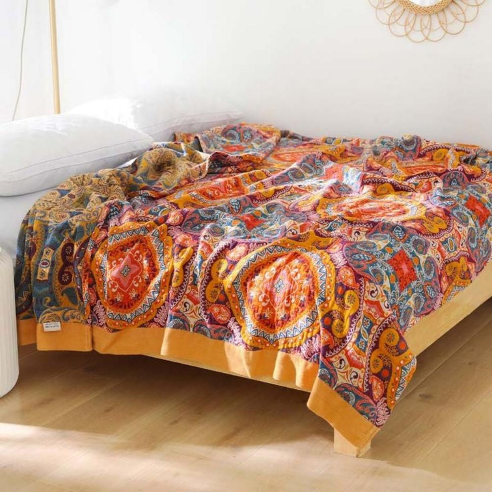 Omkeerbare Plaid in Boho-Stijl met Koelend Effect – Dubbelzijdig Zomerdeken met Vochtafvoer – Zacht Katoenen Sprei voor Warme Nachten – Moderne Deken met Zonsopgang-Patroon | Sansoti