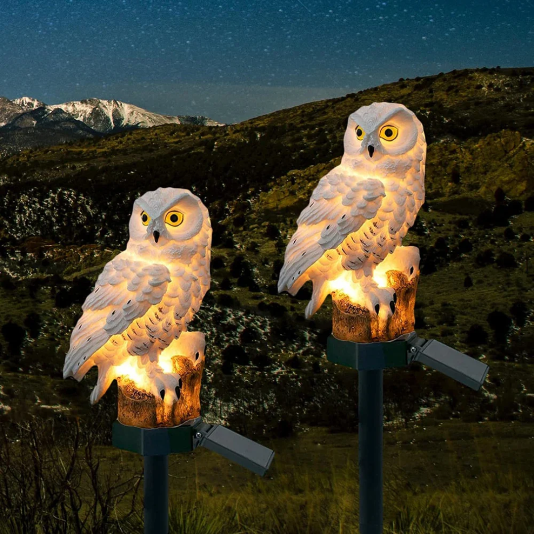 Solar-Gartenbeleuchtung Eule, dekorativ, 45 cm, warmweißes LED-Licht, wetterfest, stimmungsvolle Beleuchtung für Terrasse und Wege | Sansoti