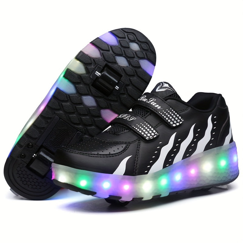 Roller sneakers kinderen LED kunstleer roze met wieltjes afneembaar schoenen skates lichtgevende kinderschoenen | Sansoti