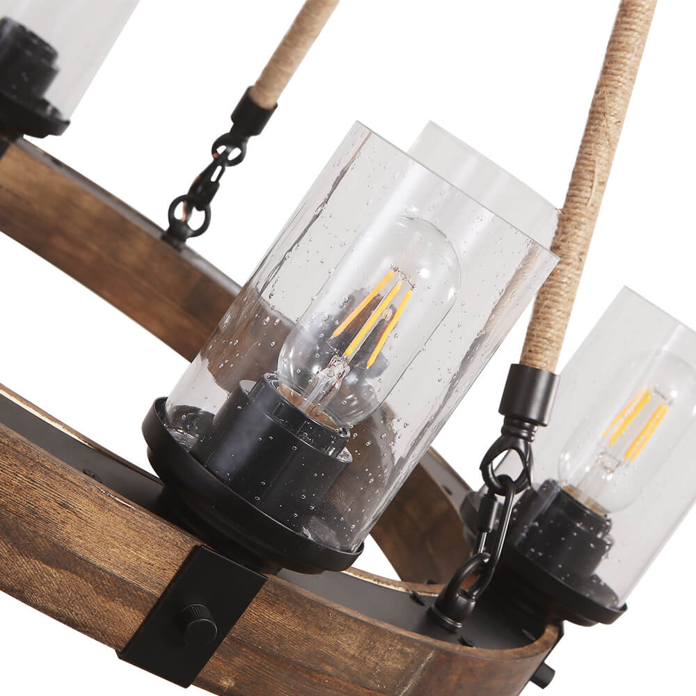 Round wooden chandelier, 6 lights, industrial black glass shades, adjustable hemp rope, living room, dining room | Sansoti