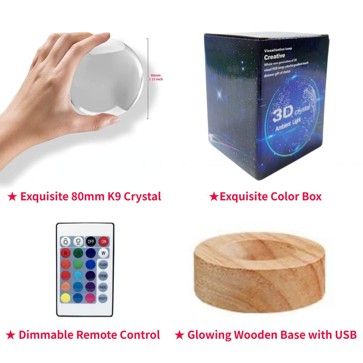 3D Kristal Axolotl Sfeer Lamp met Houten Basis - 16 Kleuren Lichtmodus - Ø8cm Kristallen Bol met LED Verlichting | Sansoti