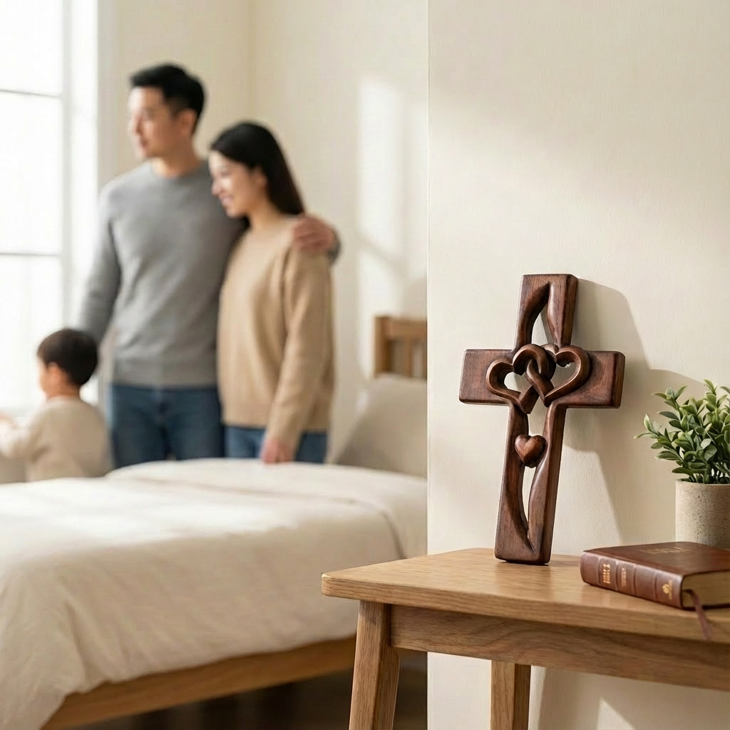 Houten Wandkruis met Gevlochten Harten — Decoratieve Wandversiering voor Geloofsmomenten | Sansoti