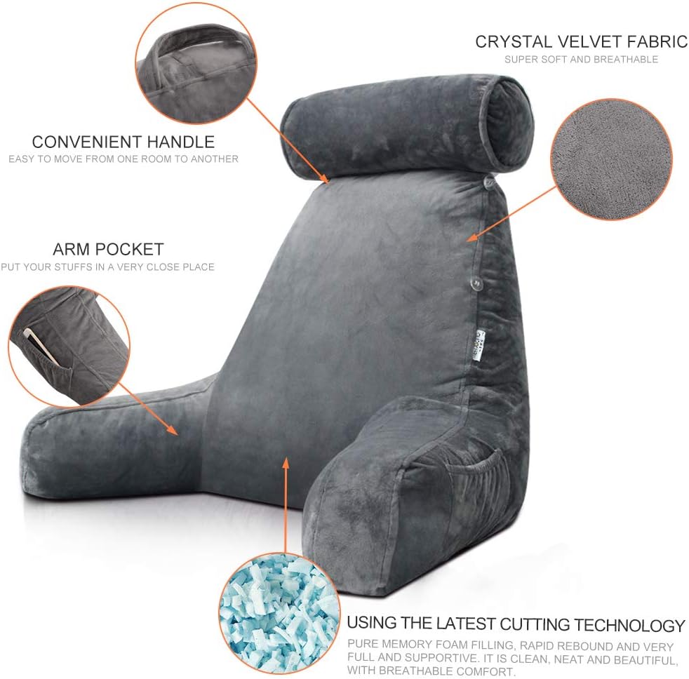 Coussin de lecture ergonomique avec accoudoirs 75x45cm en velours, réglable, pour lit et canapé, soutien du dos, confort et détente | Sansoti