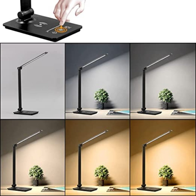 Bureaulamp met Draadloze Oplader Zwart – Dimbaar Leeslicht Touch Bediening 5 Lichtmodi Flexibele Arm | Sansoti