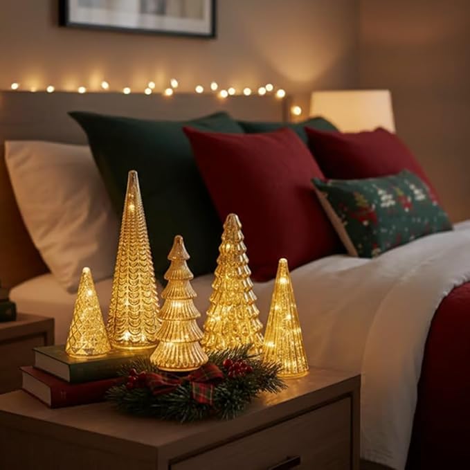 Verlichte Kerstbomen Set 5 Stuks LED Warm Wit Timer Glazen Look Feestelijke Kerstdecoratie Goud Zilver Sfeer | Sansoti