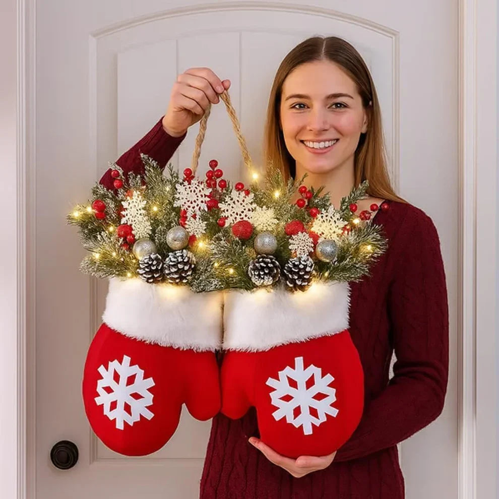 Beleuchtete Winterhandschuhe-Türdekoration 30x30cm Rot Plüsch-Weihnachtsanhänger Tannenzweige LED-Warmweißes Licht Weihnachten | Sansoti