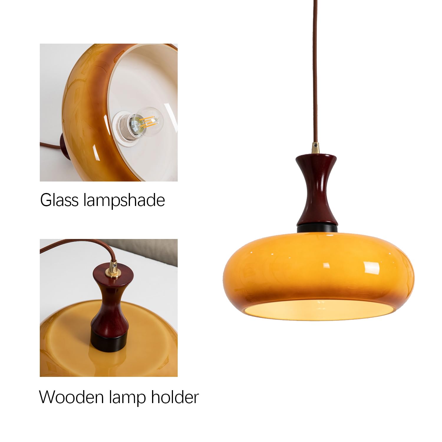 Hängelampe Glas Holz E27/E26 Wohnzimmer Esszimmer Schlafzimmer Retro Vintage Beleuchtung | Restfield