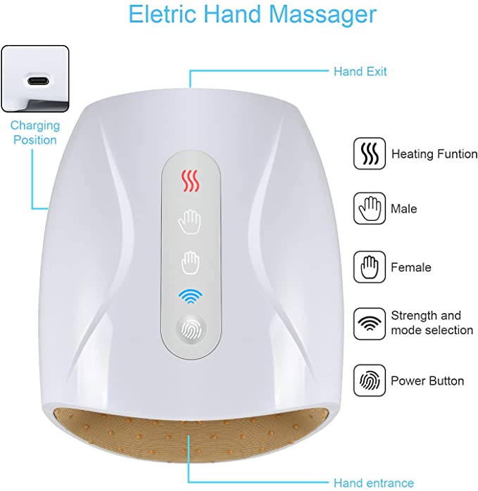 Appareil électrique de massage des mains avec fonction chauffante, 3 niveaux d’intensité, rechargeable, pour les doigts et la paume | Sansoti