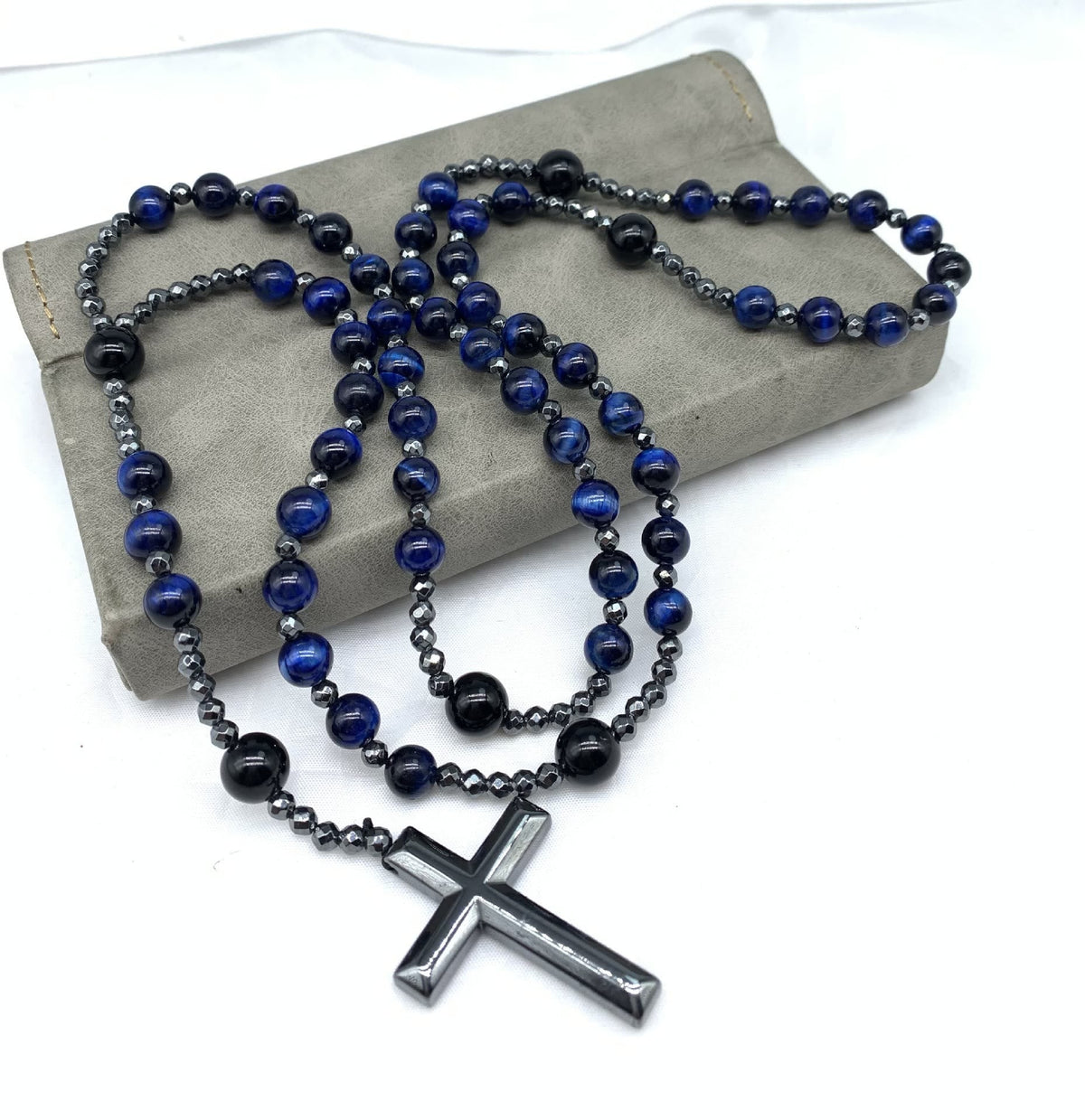 Naszyjnik-różaniec męski z kamieniami szlachetnymi, tygrysim okiem i lapis lazuli, regulowany, duchowa biżuteria modlitewna do medytacji | Sansoti