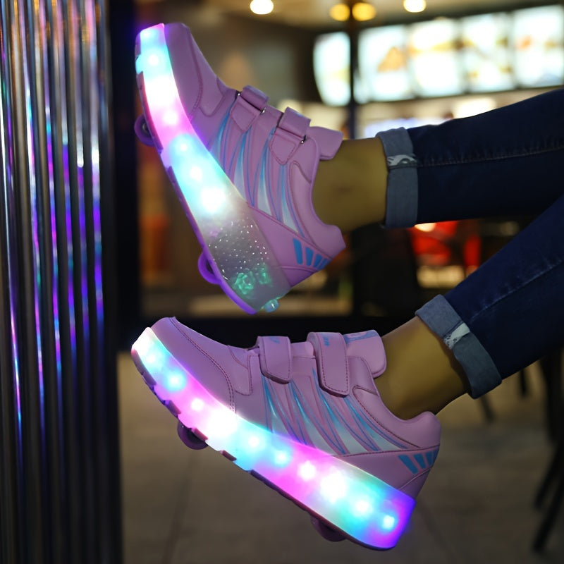 Roller sneakers kinderen LED kunstleer roze met wieltjes afneembaar schoenen skates lichtgevende kinderschoenen | Sansoti