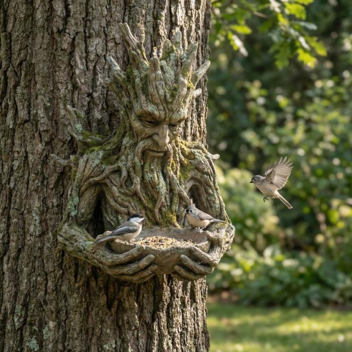 Vogelfutterschaal Boomgezicht Muurmontage Weerbestendig Kunsthars Voederstation Tuin Decoratie Vogelvoeding Waterkom Natuureffect | Sansoti