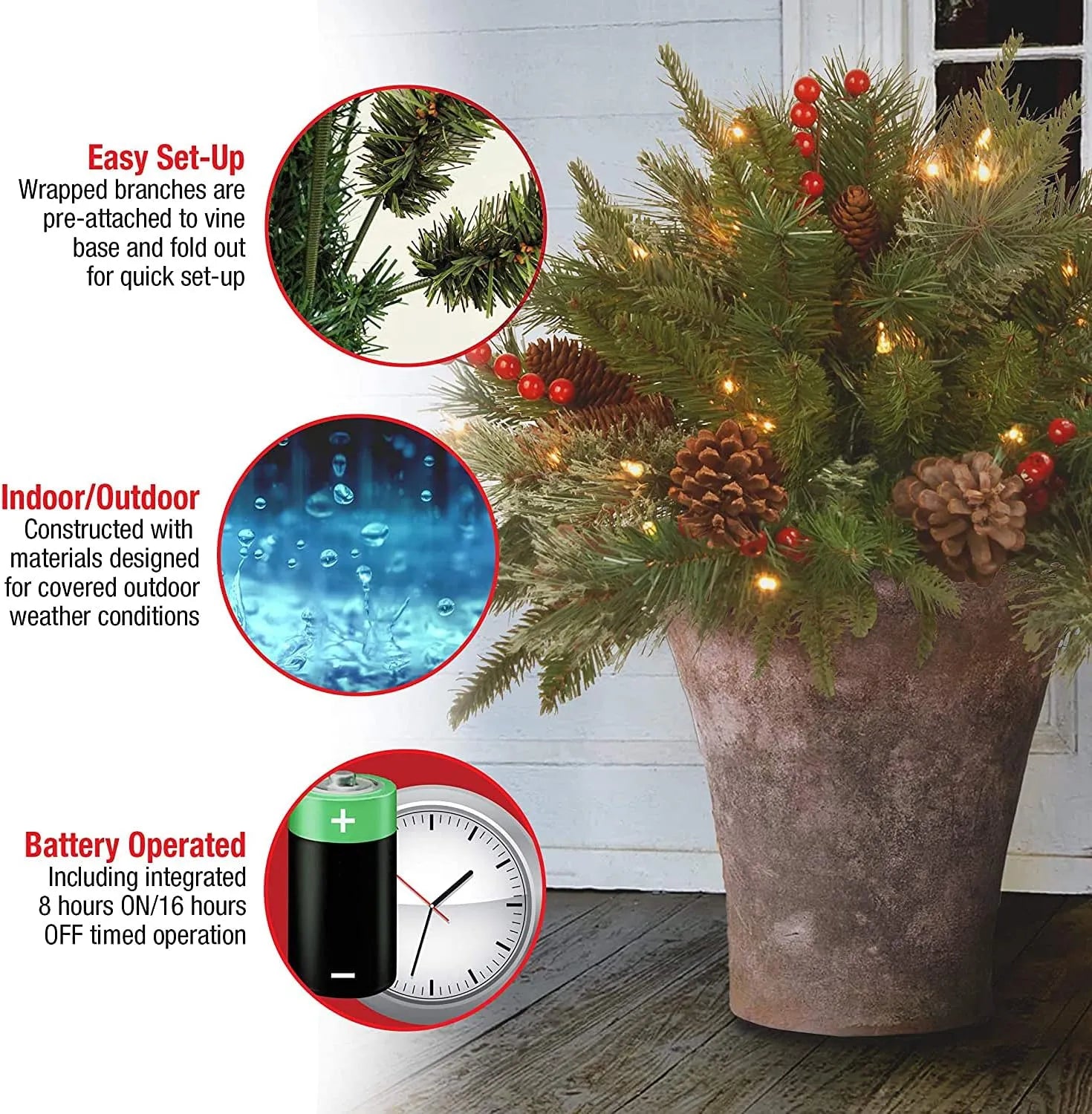 Beleuchteter Weihnachtsspray mit Tannenzapfen und Beeren für Urne, Vase, Eingangsbereich, Dekoration, künstlichen Weihnachtsbaum und die Feiertage | Sansoti