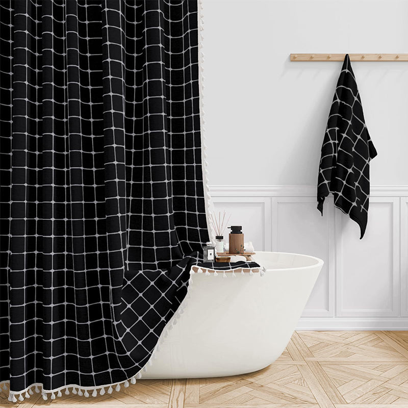 Duschvorhang Leinen Bohemian Wasserdicht Quasten 180x200cm Badezimmer Beige Kariert
