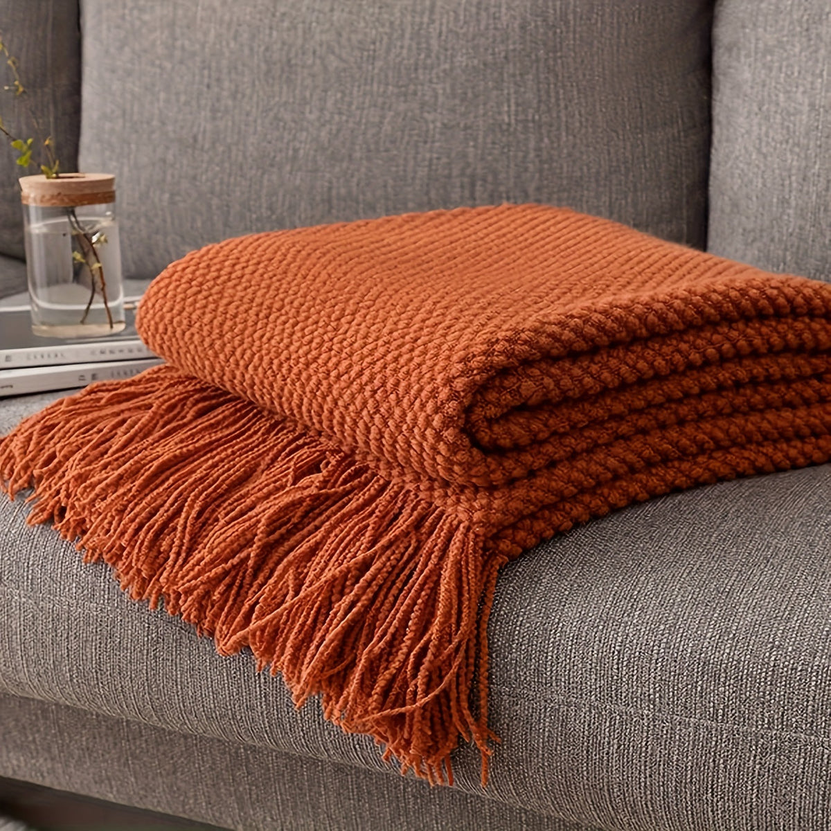 Plaid tricoté à pompons, tons orange, 130x160 cm, couverture en polyester, jeté de canapé, décoration chaleureuse pour le salon | Sansoti