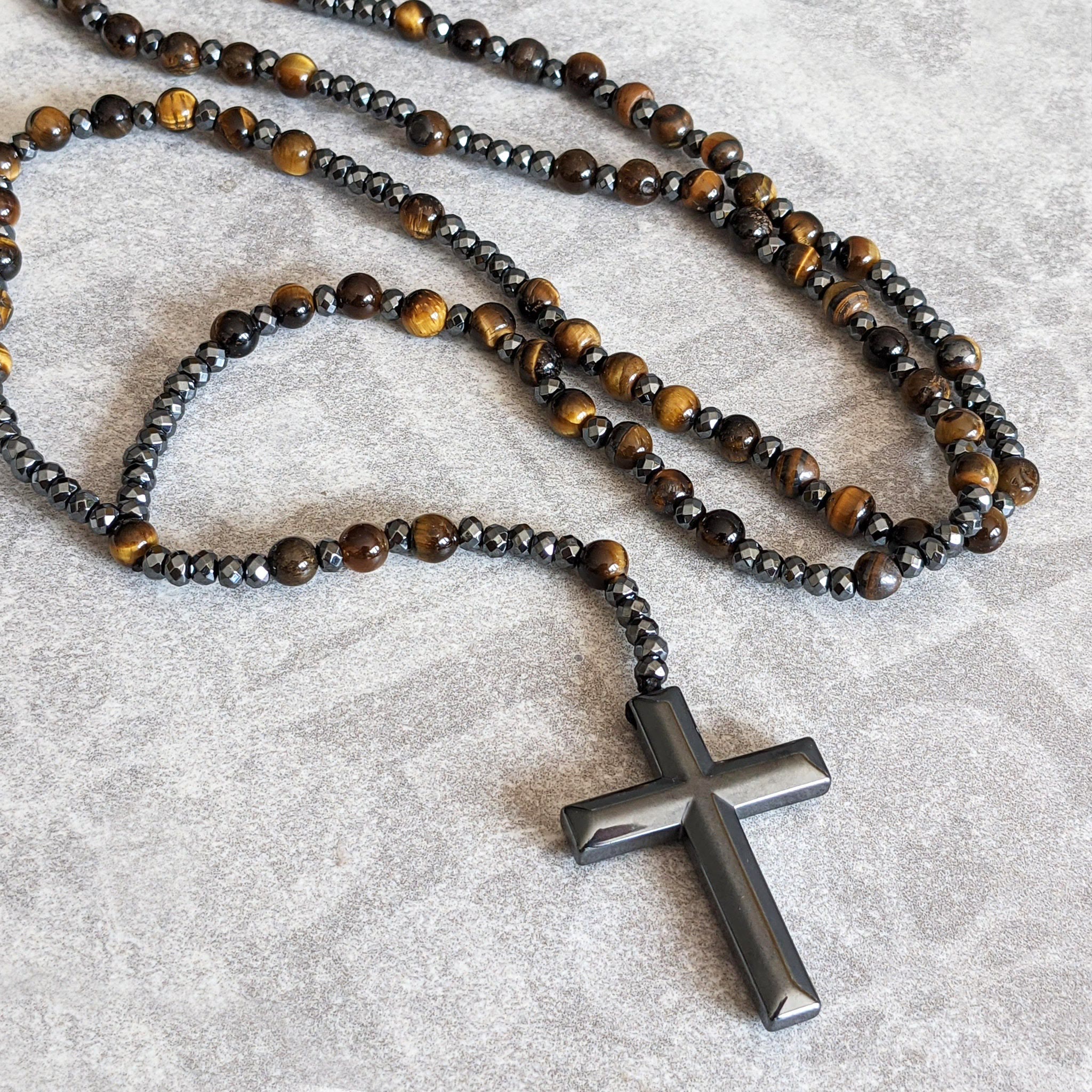 Natuursteen Rozenkrans Ketting met Kruis Hanger voor Mannen Zwart Blauw Groen Grijs | Sansoti