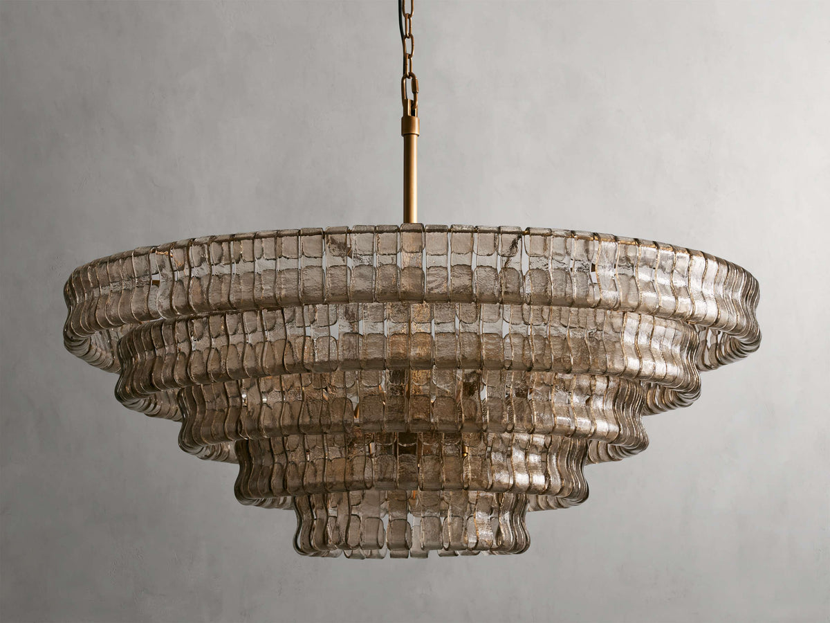 Lustre rond en verre texturé avec structure métallique multicouche À intensité variable et réglable 60-152cm pour salon | Sansoti