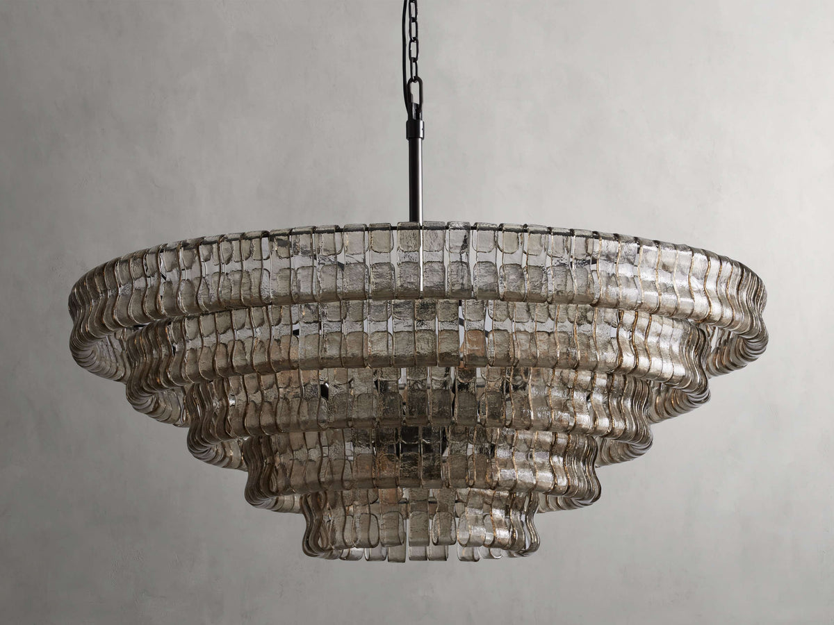 Lustre rond en verre texturé avec structure métallique multicouche À intensité variable et réglable 60-152cm pour salon | Sansoti